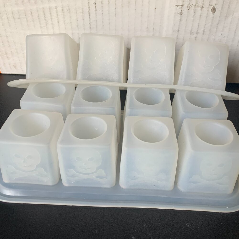 HALLOWEEN - 2 white silicone ICE molds for 8/ea shot glasses SKULL & CROSSBONES